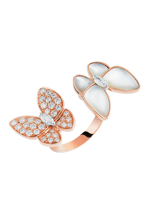 Two Butterfly Between the Finger Ring, white gold, marquise-cut diamonds, pink gold, round diamonds and white mother-of-pearl